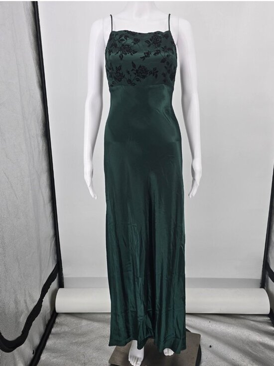 Maurices Dresses & Skirts - Vintage 1990s Maurices Green Satin Flocked Rose Whimsigoth Prom Dress (0/XS)